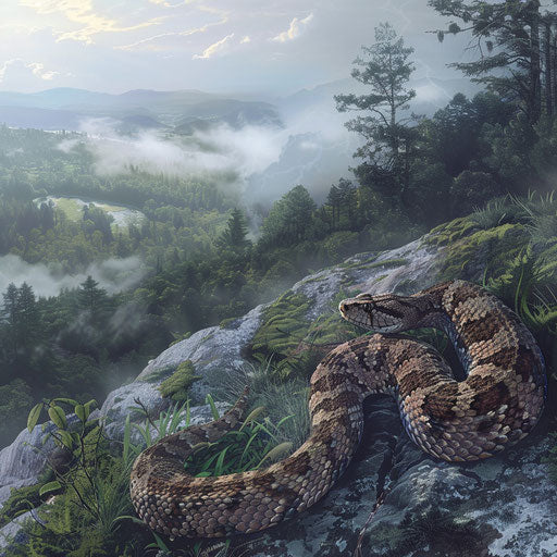 Rattlesnake on rocky ledge above misty valley at dawn