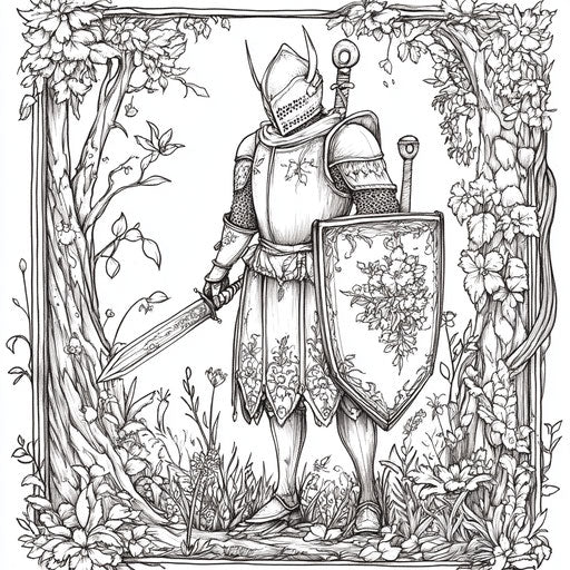 Whimsical knight with floral shield in magical forest