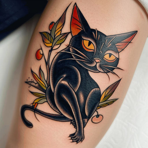 Neo-traditional black cat tattoo with bold lines and bright colors on white background.