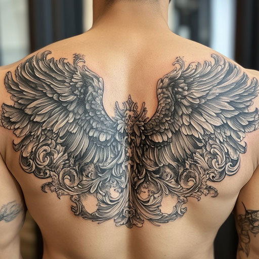 Tattooed wings on back with majestic wings and celestial symbols