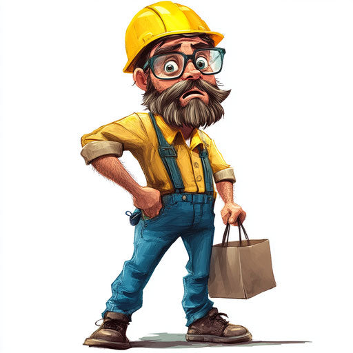 Humorous caricature of an engineer with long eyelashes, big feet, vibrant colors