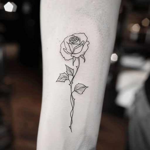Flat tattoo sketch of a rose with elegant calligraphic lines forming the stem and leaves