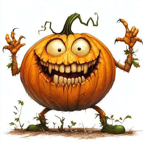 Humorous caricature of a pumpkin patch caricature clipart with human characteristics, exaggerated thin lips, big hands, dancing, vibrant colors, cartoon style, smiling, high-resolution, no background, isolated –c 40