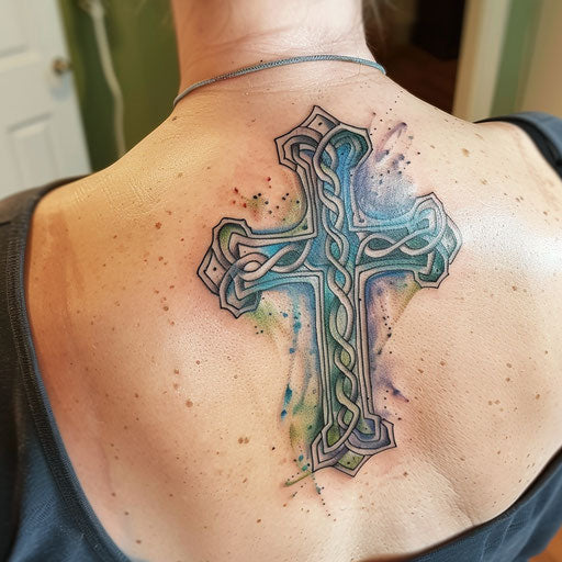 Watercolor style Celtic cross tattoo
