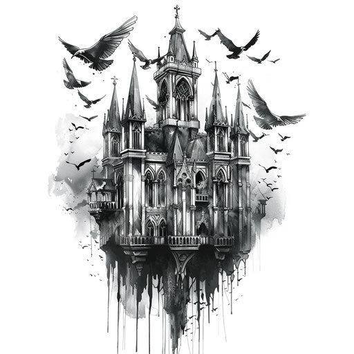 Gothic cathedral with flying gargoyles, dark and moody tattoo design on white background