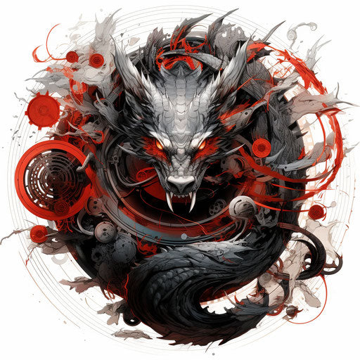 Black and red Chinese dragon drawing in solarpunk style