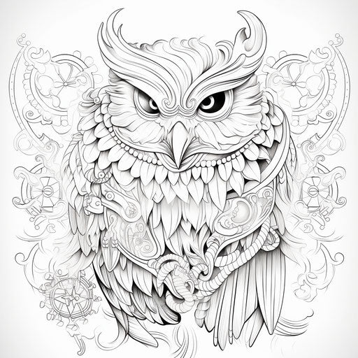 Coloring page of an owl with a feather earring design