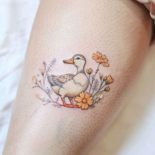 Duck tattoo with delicate flowers and soft pastel colors