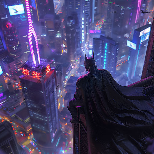 Bat superhero overseeing neon-lit metropolis