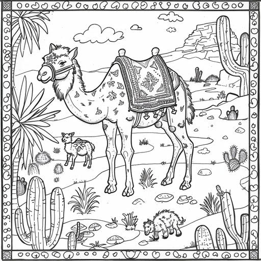 Playful scene of a camel surrounded by friendly desert critters