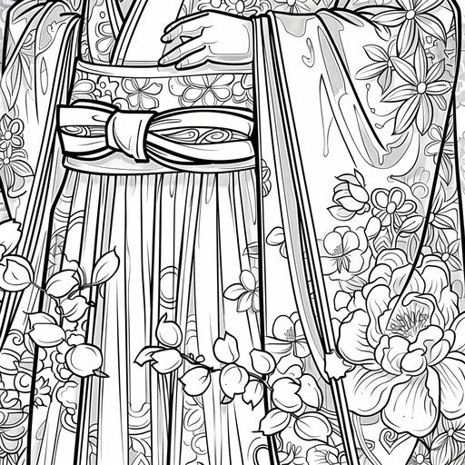 Traditional kimono with floral patterns, coloring book page