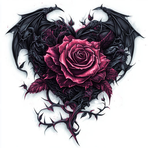 Black rose and pink heart in gothic style with thorns and dragon wings
