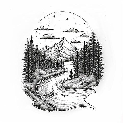 Elegant line art tattoo: river forest fishing white background