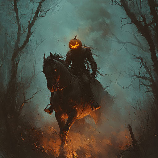 Headless rider in a forest of dead trees