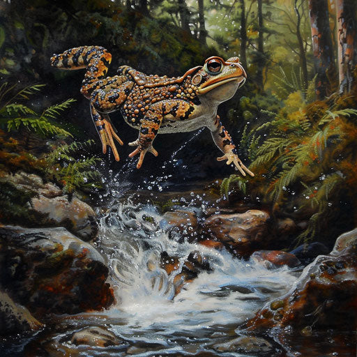 The Western leopard toad leaping over a small clear brook