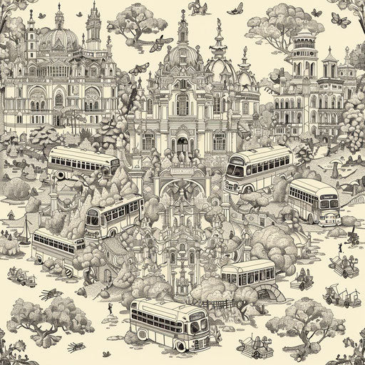 Elaborate baroque garden with detailed buses in Raqib Shaw style coloring book page