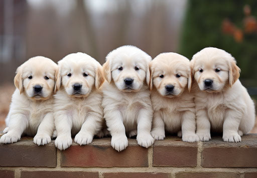 Golden retriever puppies, in the style of untrained, dark white and dark green, dark white and light maroon, long distance and deep distance, dark white and dark gold