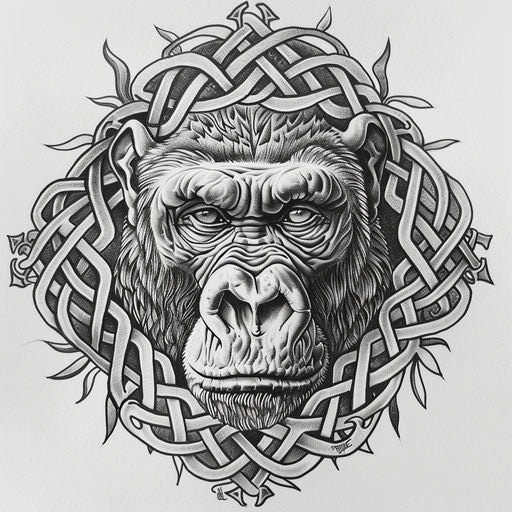 Celtic knot style gorilla tattoo design on white background
