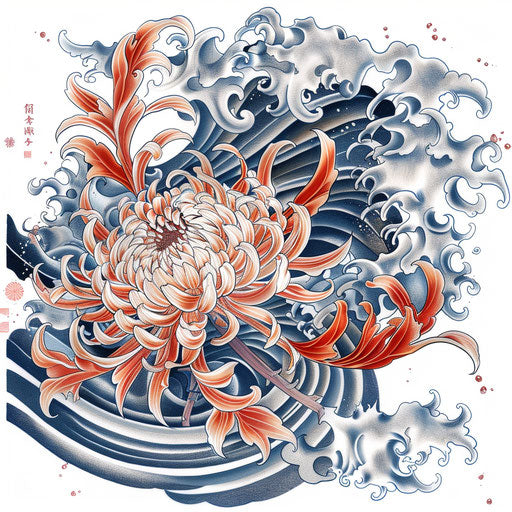 Traditional Japanese tattoo of a chrysanthemum with waves