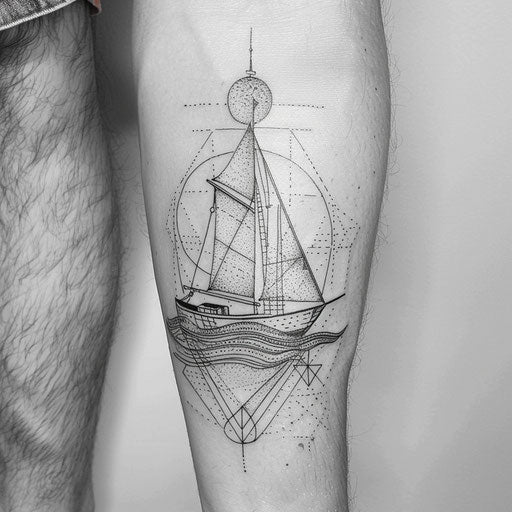 Boat tattoo sketch with geometric waves