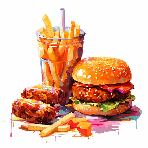 Unhealthy food in Impressionistic Art style on white background