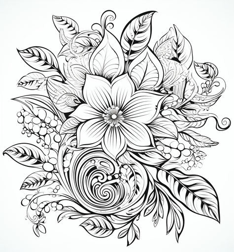 Black and white coloring page of a flower with a vine