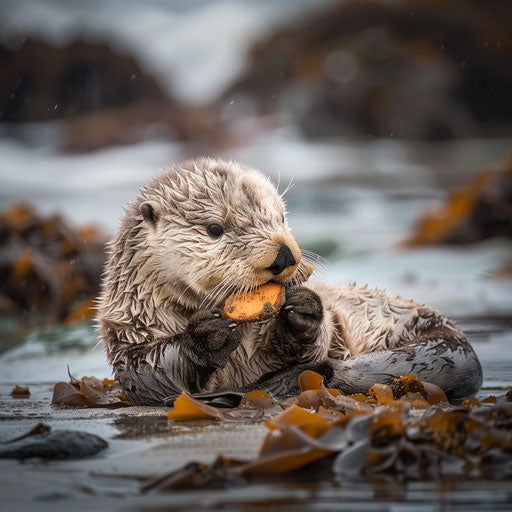 Sea otter enjoying a meal on a secluded beach