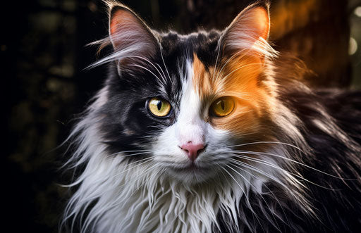 Beautiful collie cats person photos, London cat, cats with fur, Lincoln lion, in the style of dark silver and yellow, overexposure effect, marbleized, strong facial expression, light orange and dark magenta, high resolution, pseudo-realistic 17:11