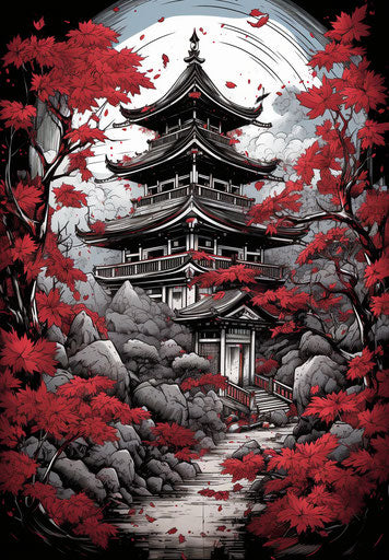 Japanese Buddhist temple with red and white leaves