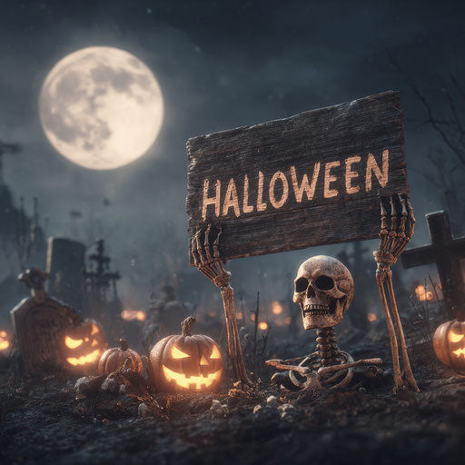 Spooky Halloween scene with skull and glowing pumpkins
