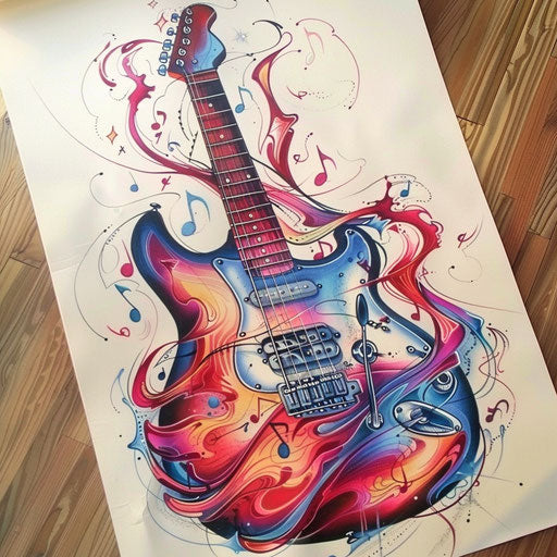 Electric guitar with musical notes and flames in colorful tattoo