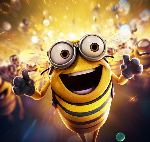 Cartoon bee with glasses in a group of people waving