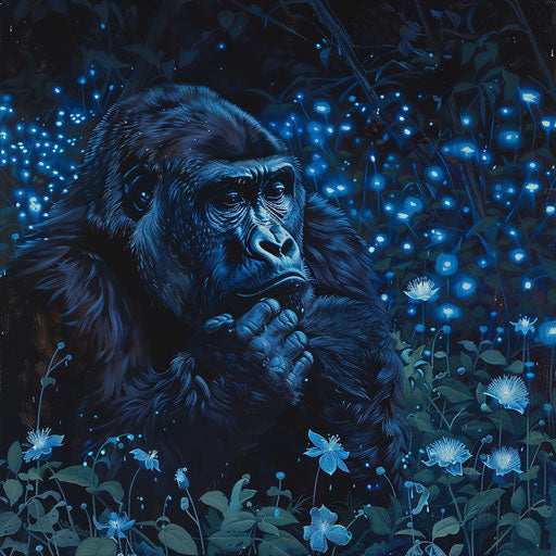 Contemplative gorilla in field of bioluminescent plants