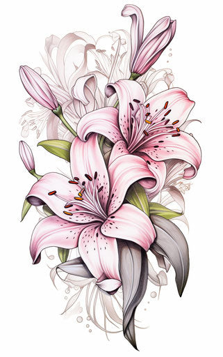 Black and white drawing of lilies in a pink frame