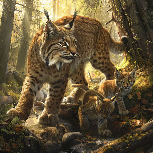 A mother lynx teaches her cubs to navigate the forest