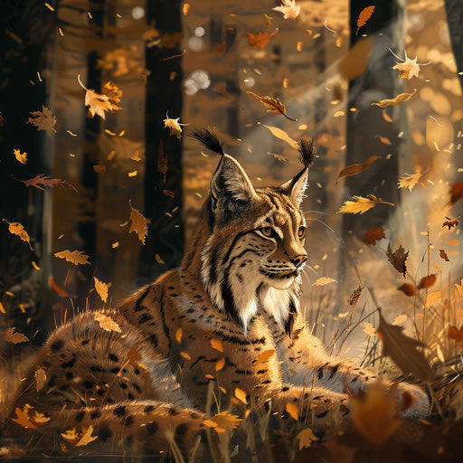 Lynx in an autumn forest with falling leaves