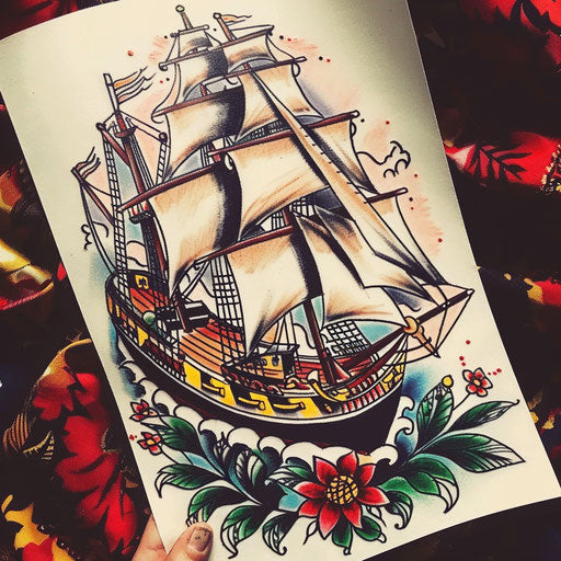 Vintage sailor tattoo of a fully rigged ship on white paper
