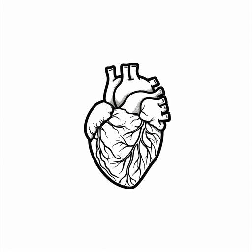 Minimalist black line art anatomical heart tattoo on pure white
