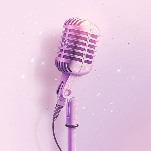 Realistic microphone on flat lavender background