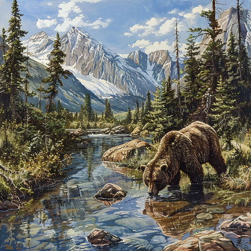Brown bear drinking by a mountain stream