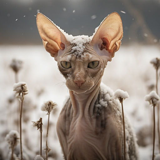 Cornish rex cat in a field with snowfall