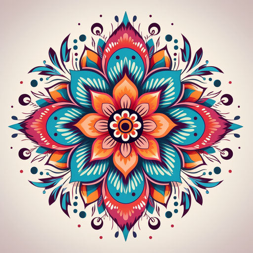 Floral mandala in repeating pattern, Indian scenes