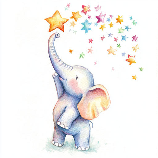 Small elephant tattoo reaching for the stars in soft colors