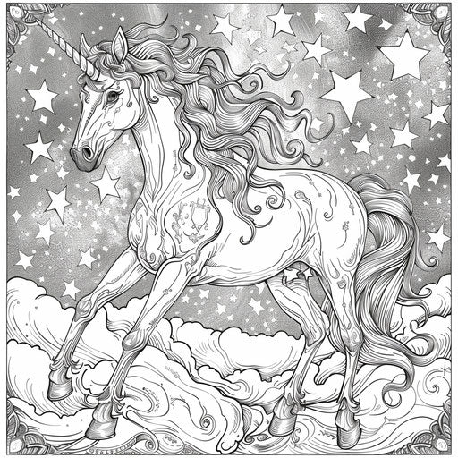Mystical unicorn in a starry night sky. Coloring book page