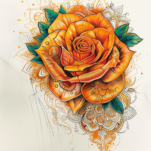 Bohemian tattoo sketch of an amber rose with intricate mandala patterns