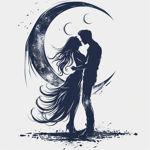 Romantic tattoo sketch of a couple kissing under a half moon, clipart style