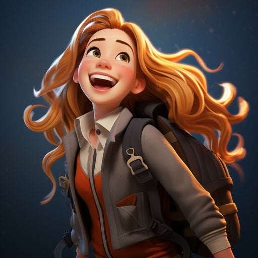 Laughing girl with backpack, animated film style