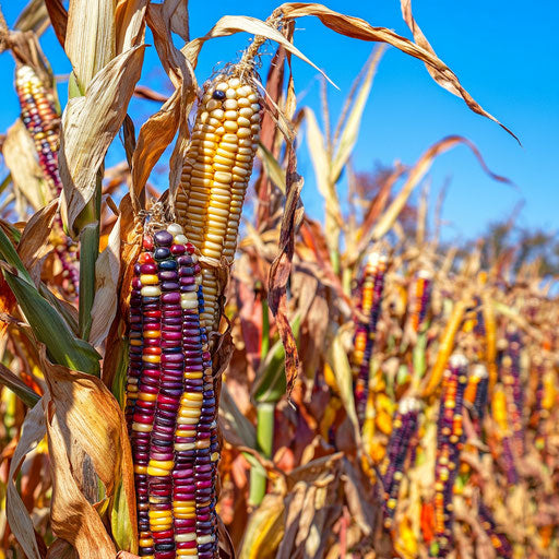 Vibrant Indian corn stalks swaying under blue sky