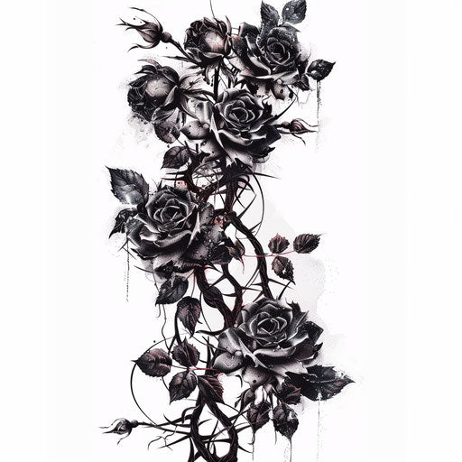 Gothic vine tattoo with dark roses on white background