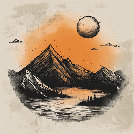 Rustic tattoo sketch of a dawn sky over a mountain landscape